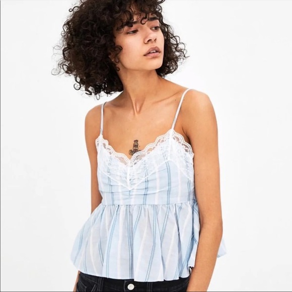 Zara Tops - ZARA Striped Top with Lace Trim 0343